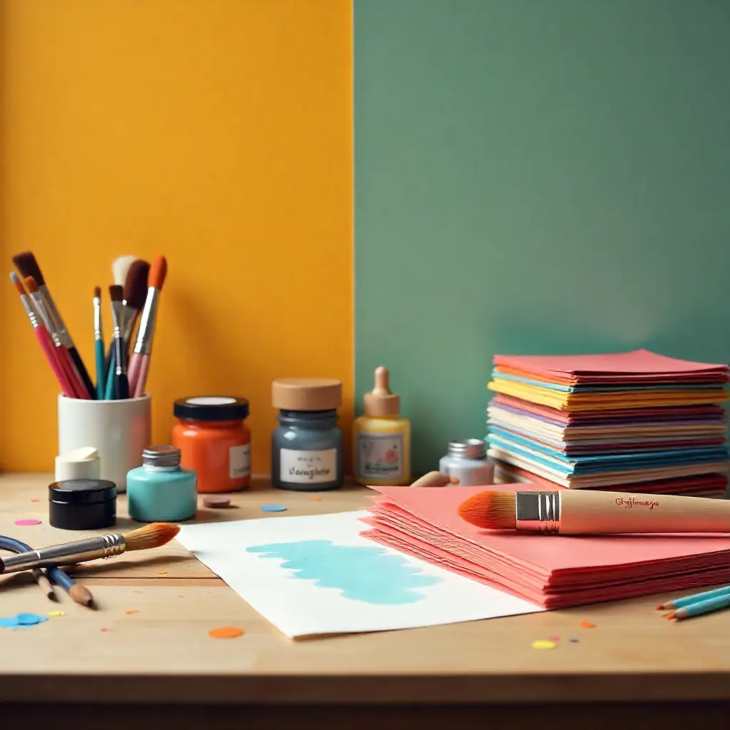 Various craft supplies and art materials arranged creatively